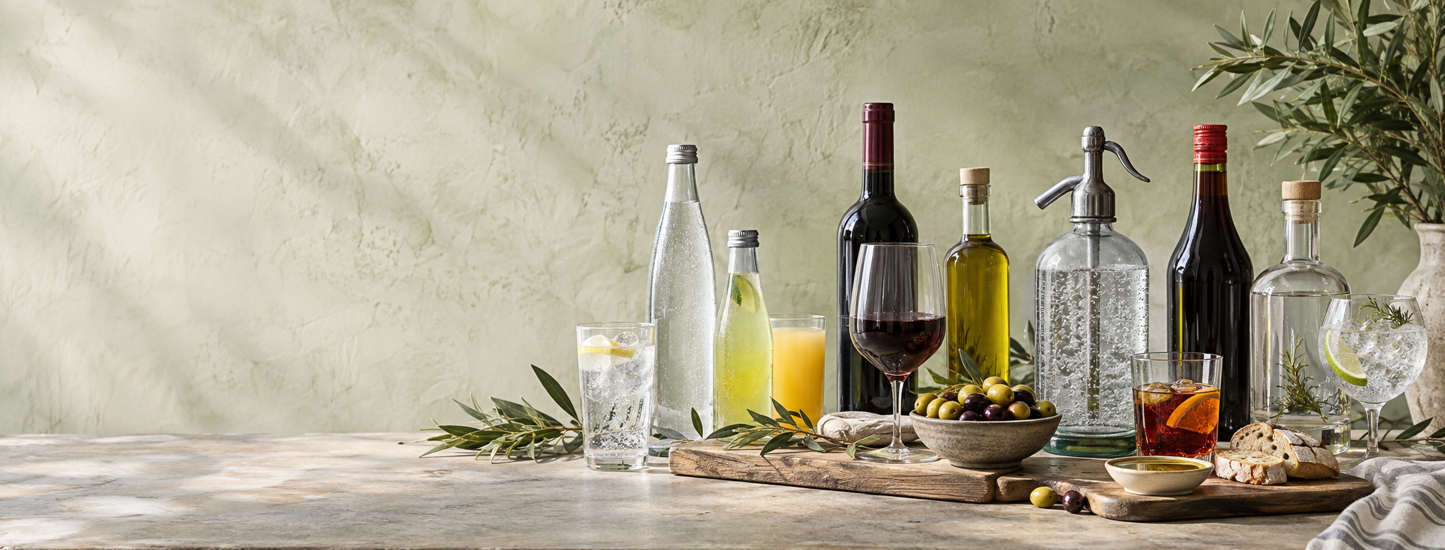 Selección de vinos, aceitunas, aceite de oliva y bebidas sobre una mesa